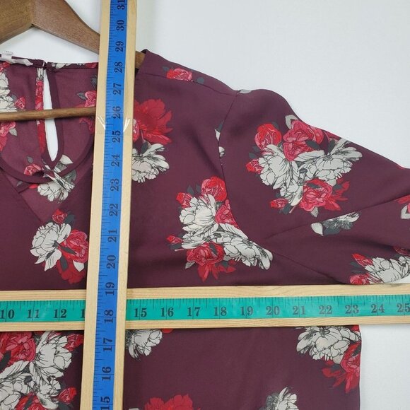 Maurices Womens Floral Semi-Sheer Tunic Top Sz 0 V-Neck Maroon Red Long Sleeve - Picture 8 of 11